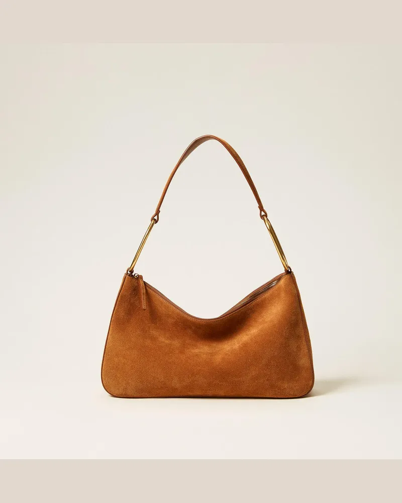 Twin-Set Taschen - Mittelgroße Tasche „Liliane" aus Veloursleder mit Ringen, "Bubinga Wood"-Braun, Einheitsgröße Bubinga