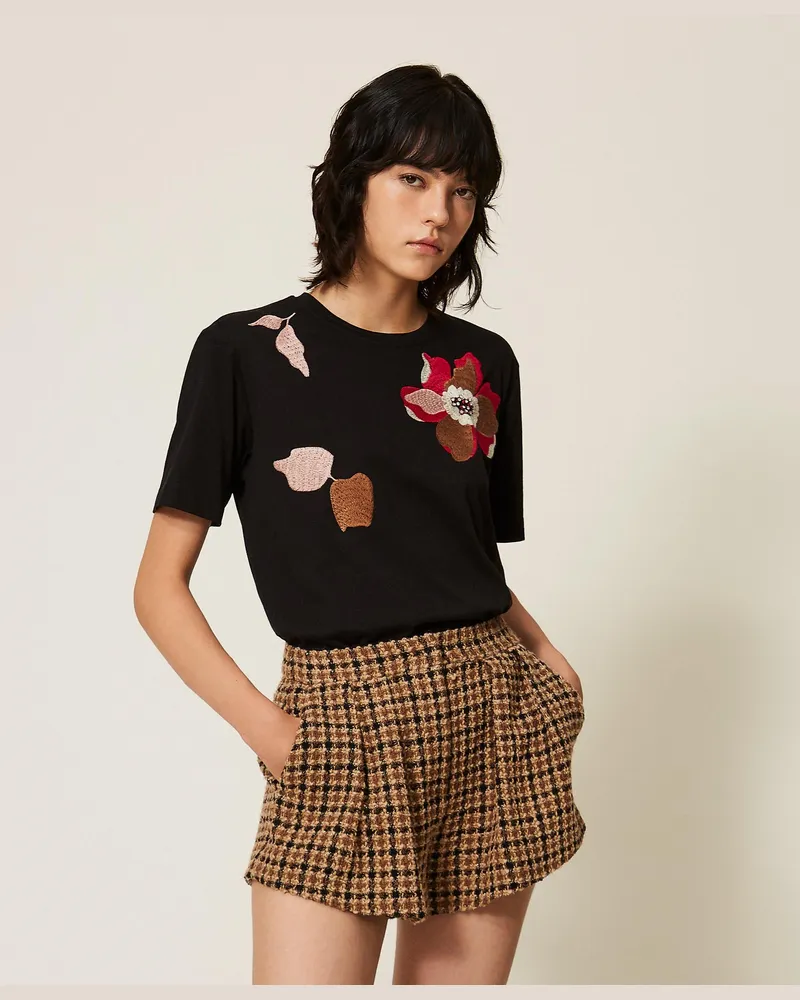 Twin-Set T-Shirt im Regular-Fit mit Stickerei, Damen, Schwarz Schwarz