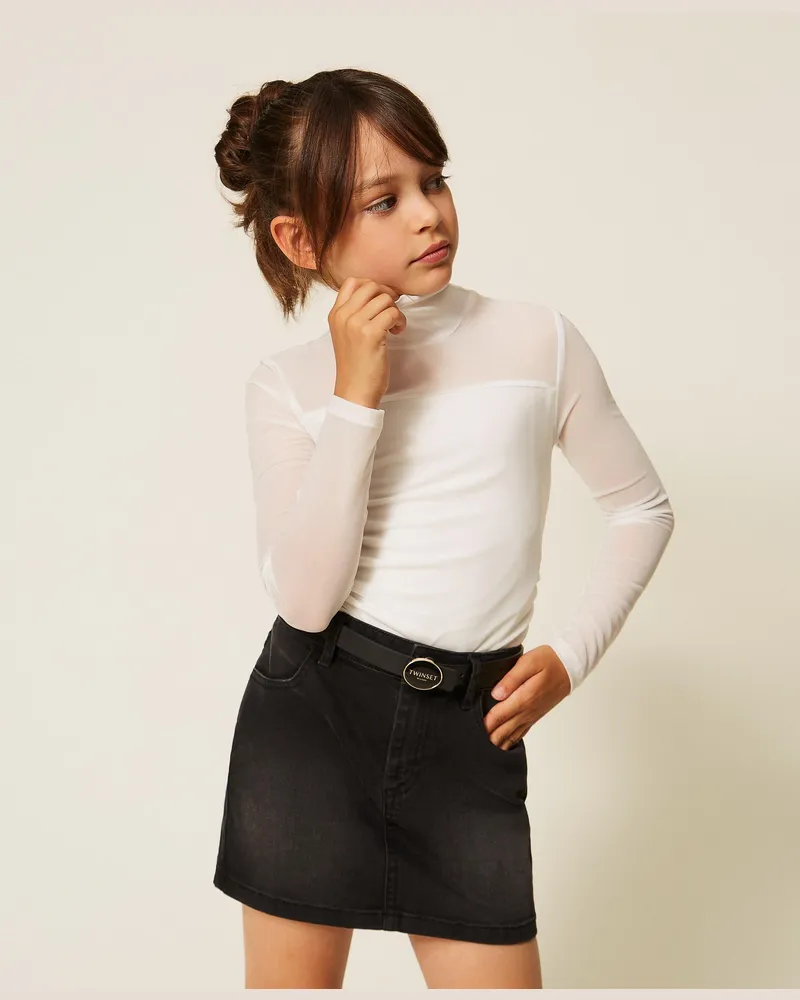 Twin-Set Rollkragen-T-Shirt aus Tüll, Damen, Weiß Schnee Weiß
