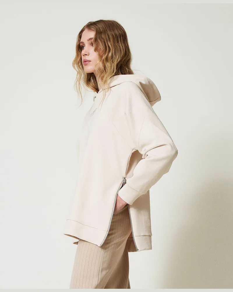 Twin-Set Sweatshirts und -jacken - Maxisweatshirt mit Logo, „Old White", Baumwolle, Größe: XXS 