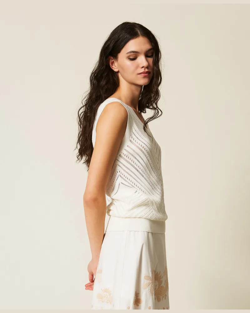 Actitude by Twinset Pullover - Stricktop mit Durchbruchmuster im Zickzack-Design, Mattweiß, Größe Mattweiß