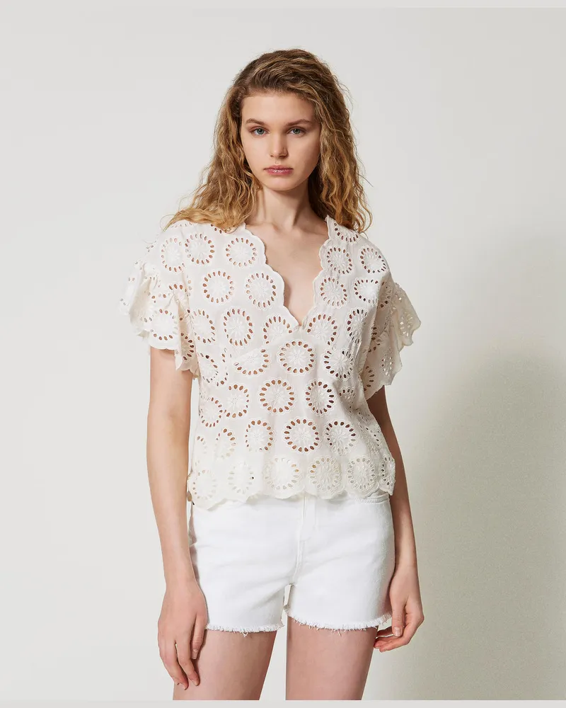 Twin-Set Blusen - Bluse mit Lochstickereien und Flügelärmeln, Weiß Schnee, Baumwolle, Größe Weiß