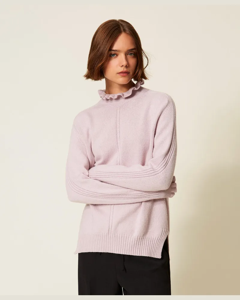 Twin-Set Pullover aus Wollmischung mit Volant, Lavendelrosa, Wolle, Größe: XXL 