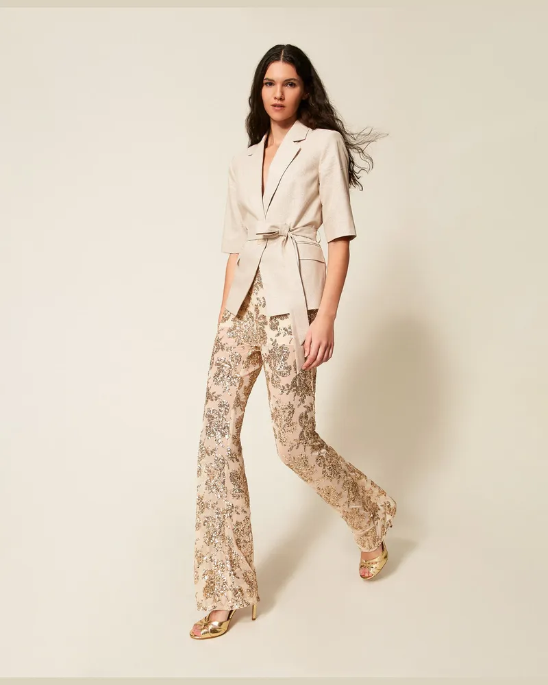 Actitude by Twinset Hosen - Hose aus Tüll mit Pailletten, „Cashew"-Beige, Paillettes, Größe „cashew“-beige