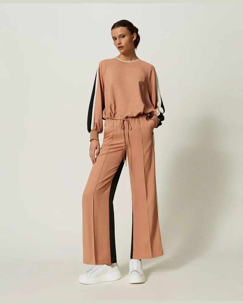 Actitude by Twinset Hosen - Hose aus Crêpe de Chine mit recyceltem Polyester, Multicolor Schwarz / „Macaroon"-Braun / „Chantilly"-Weiß, Größe Multicolor