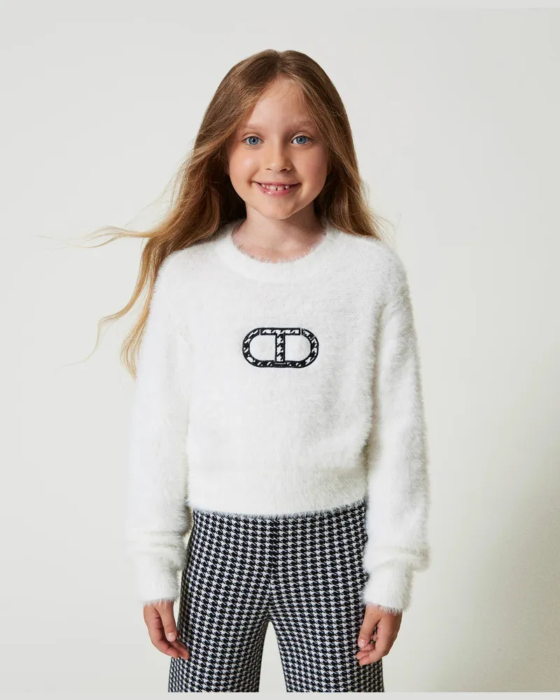 Twin-Set Pullover in Pelzoptik mit „Oval T"-Logo, Mattweiß, Größe: 6A 