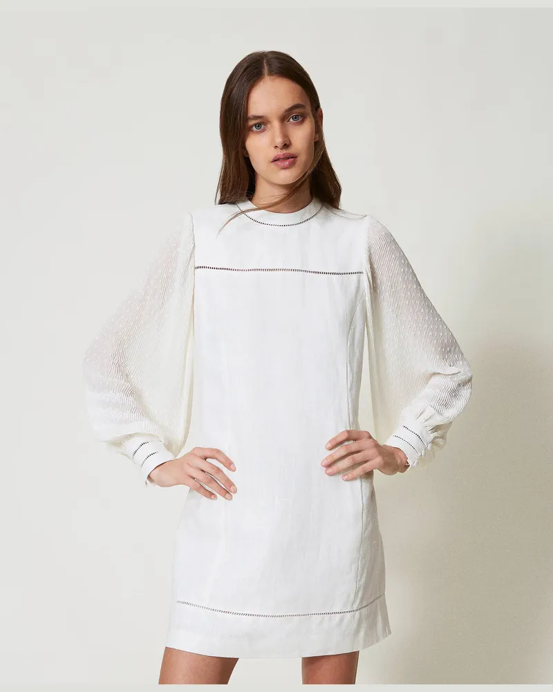 Twin-Set Kleider - Kurzes Kleid aus einer Mischung aus Leinen und Georgette, Weiß Schnee, Plissee, Größe Weiß