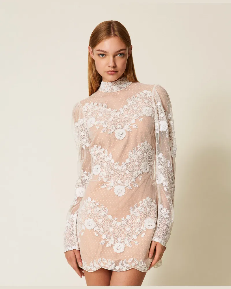 Twin-Set Kleider - Kurzes Kleid aus Tüll und Spitze, Weiß Schnee, Größe Weiß