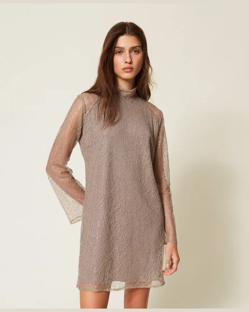 Twin-Set Kurzes Kleid aus Spitze mit Pailletten Kitt