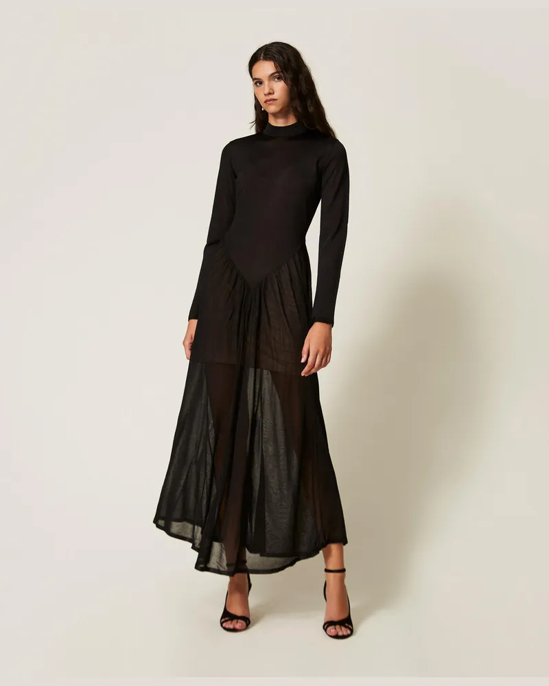 Twin-Set Langes Strickkleid mit Raffung Schwarz