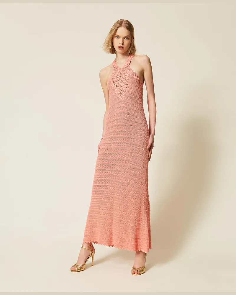 Twin-Set Maxi-Strickkleid mit Häkeleinsatz Salmon