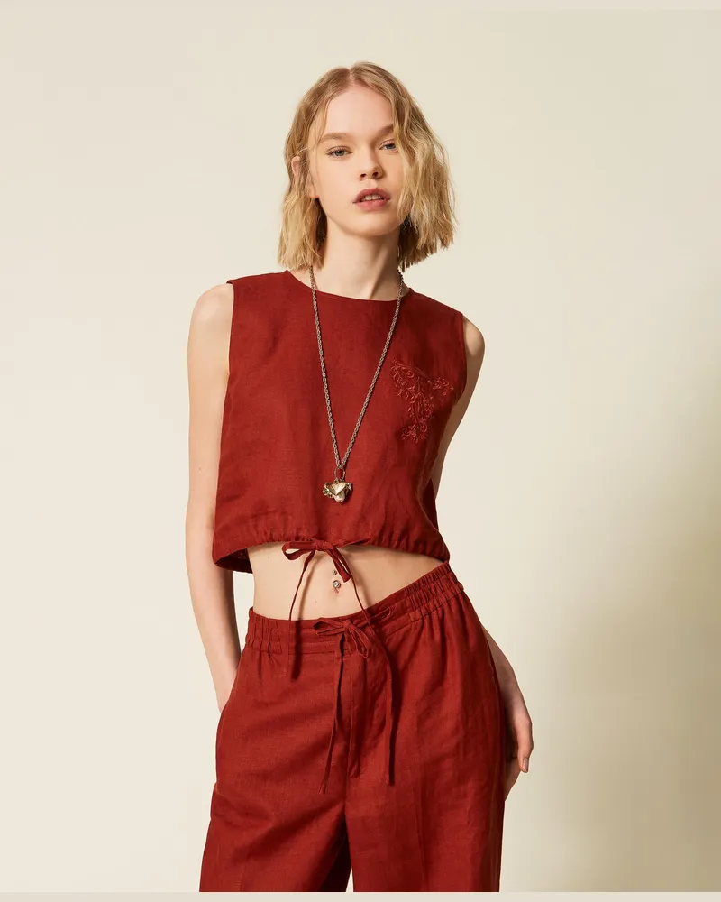 Twin-Set Tops - Top aus Leinen mit aufgesticktem Logo, "Henna" Brown, Größe Henna