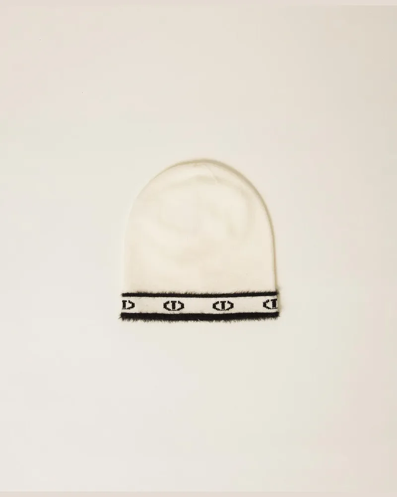 Twin-Set Accessoires - Strickmütze mit Oval Ts, Zweifarbig Off White / Schwarz, Größe Zweifarbig