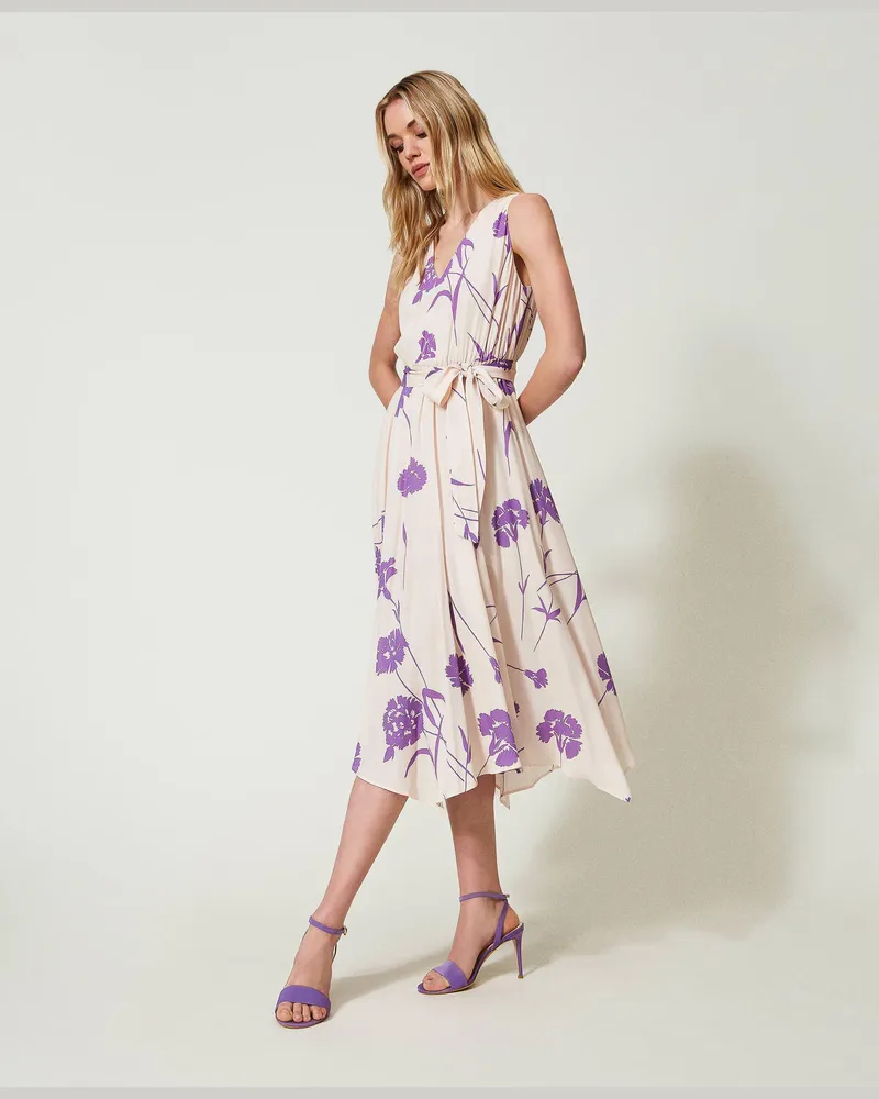 Twin-Set Kleider - Midikleid aus Krepp mit Blumendessin, Print Nelke Blauregen / Schnee, Größe Print