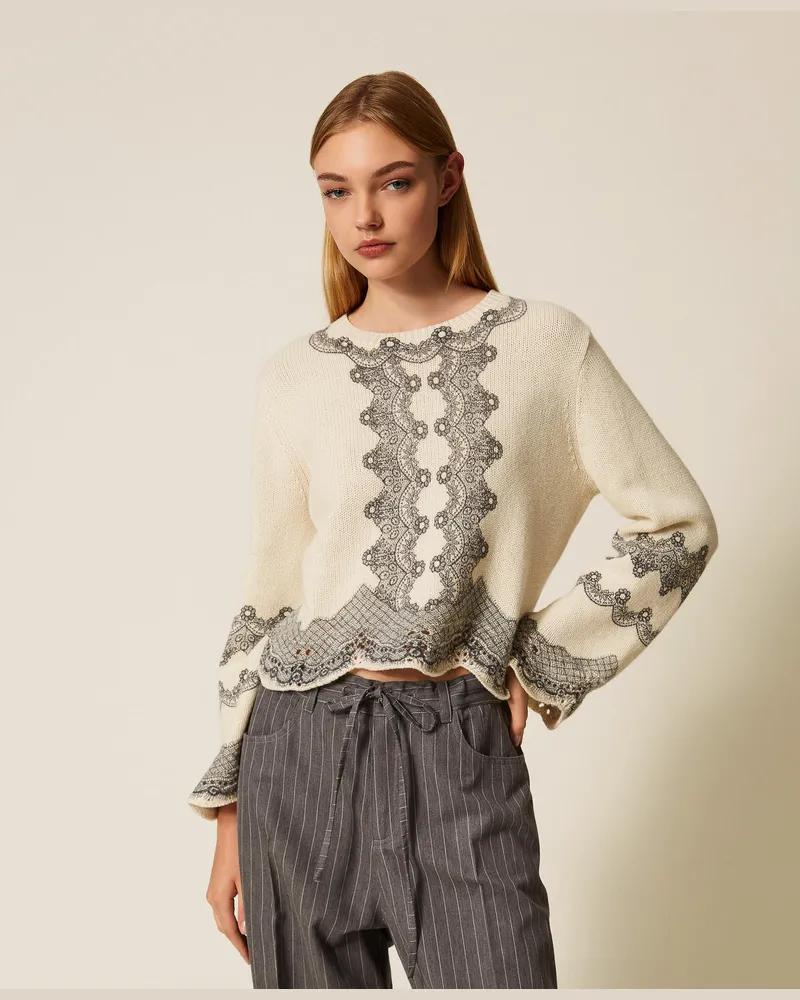 Twin-Set Pullover aus Wollmischung mit Print, Print Spitze Schneeweiß / Schwarz, Wolle, Größe Print