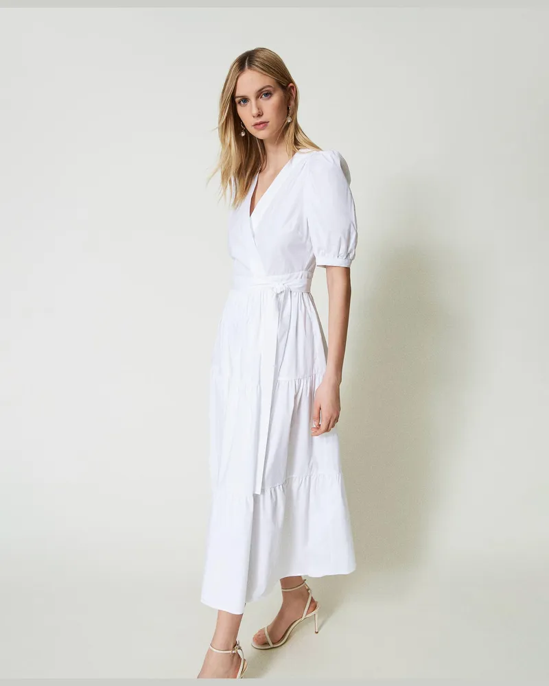 Twin-Set Kleider - Langes Wickelkleid aus Popeline, Weiß, Baumwolle, Größe Weiß