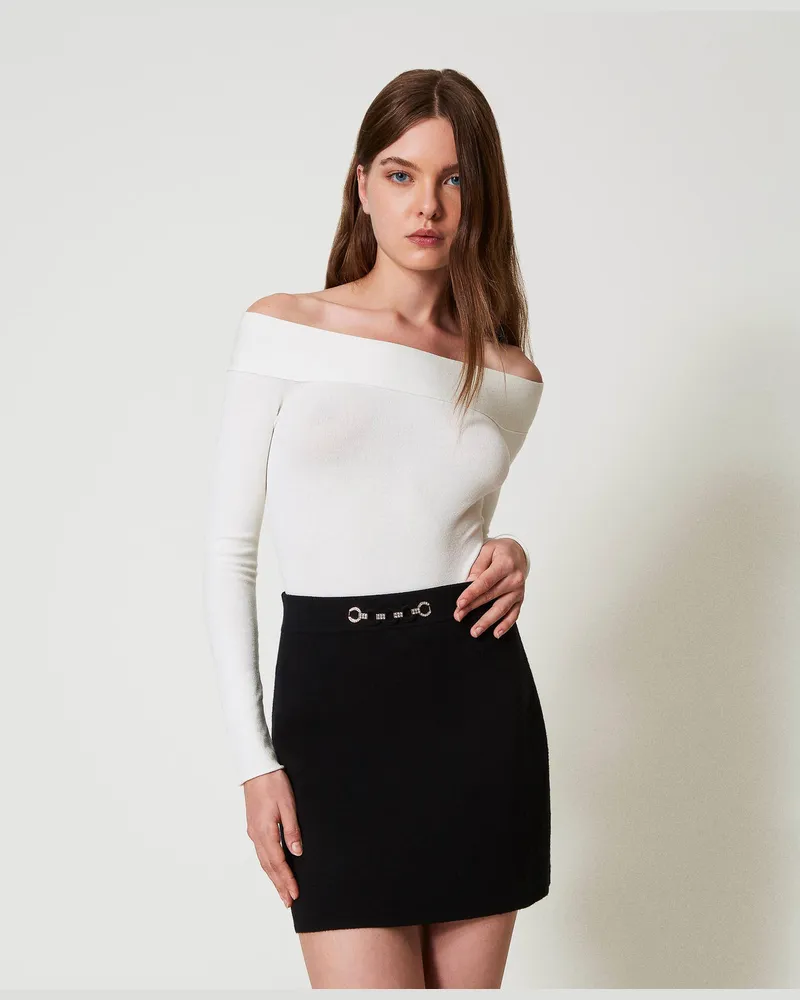 Twin-Set Pullover - Nahtlos gearbeiteter Off-Shoulder-Strickbody, Weiß Schnee, Größe: XL 