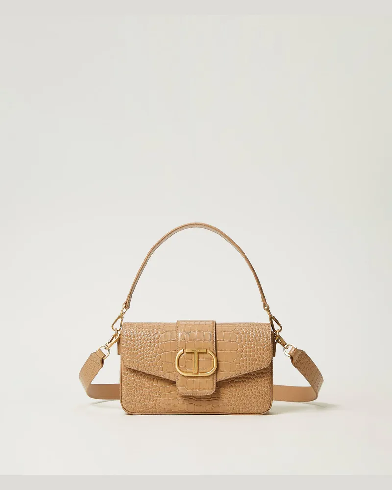 Twin-Set Taschen - Mittelgroße Umhängetasche „Amie" mit Krokoprägung, „Sandy Brown", Leder, Einheitsgröße 