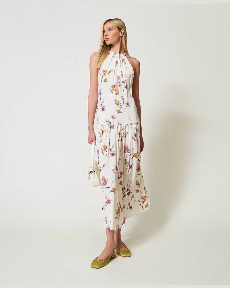 Twin-Set Kleider - Langes Neckholderkleid aus Crêpe de Chine mit Blumen, Print Iris Multicolor / Perlmutt, Größe Print