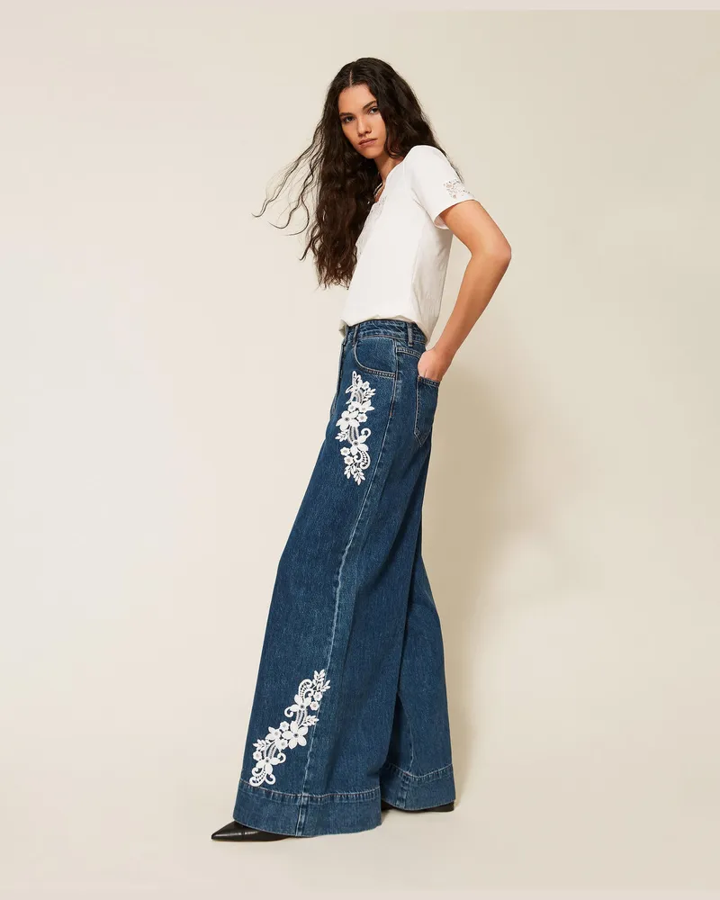 Actitude by Twinset Weite Jeanshose mit Spitze, Denimblau, Größe Denimblau