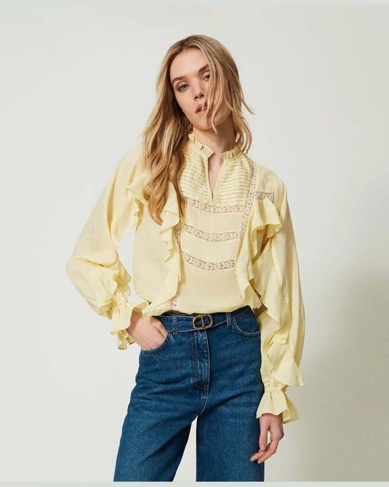 Twin-Set Blusen - Ramiebluse mit Spitze, „Lemon Grass"-Gelb, Leinen, Größe „lemon
