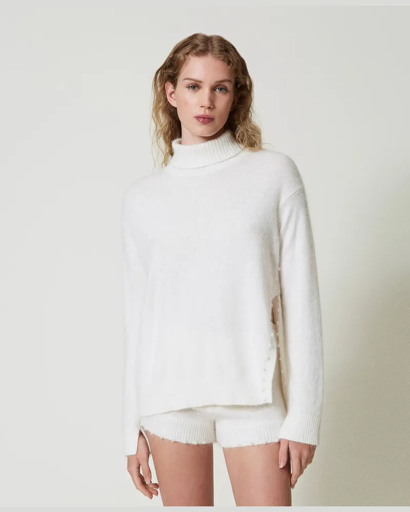 Twin-Set Rollkragenpullover aus Angoramischung mit Perlen, Weiß Schnee, Größe: XXL 