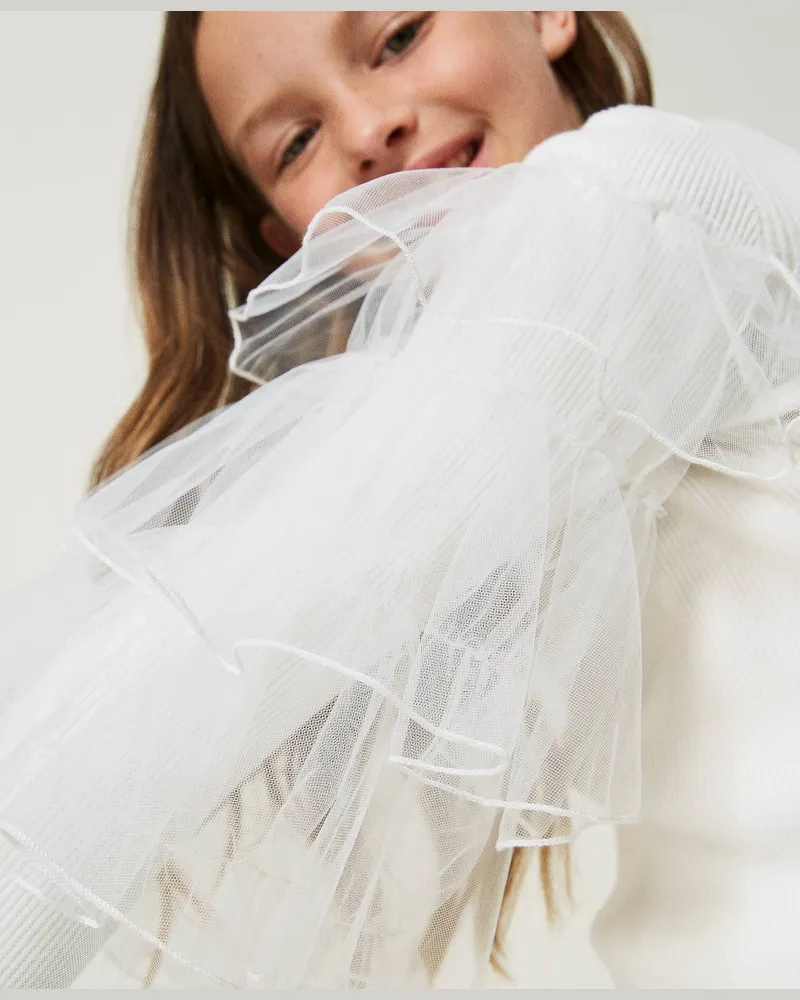 Twin-Set Figurbetonter Stehkragenpullover mit Tüllvolants, Mattweiß, Größe: 10A 