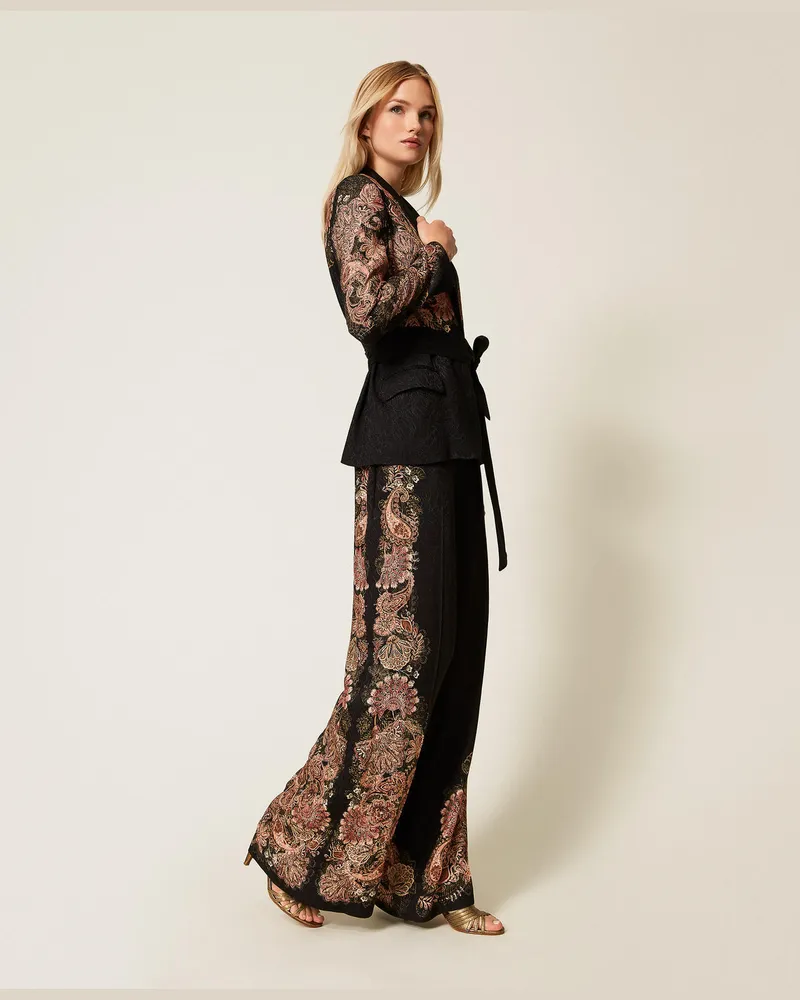 Twin-Set Hosen - Palazzohose aus Jacquard mit Print, Paisleyprint Schwarz / Rostbraun, Größe Paisleyprint