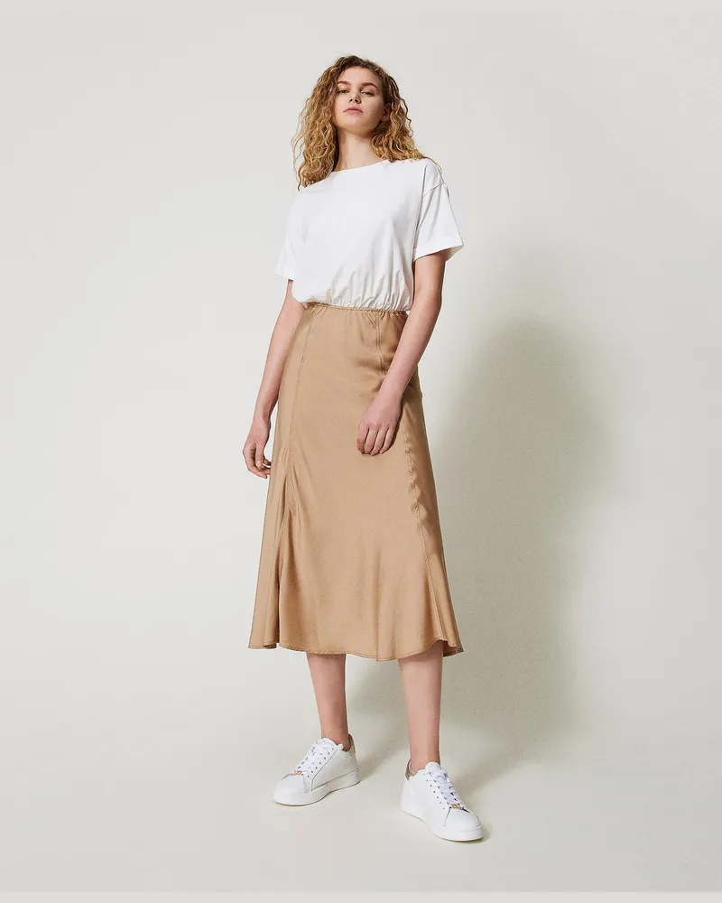 Twin-Set Kleider - Maxikleid mit Satinrock, Zweifarbig Brown Box / White Cloud, Größe Zweifarbig