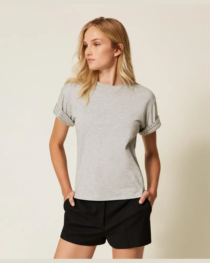 Twin-Set T-Shirts - T-Shirt aus Jersey mit Strass und Perlen, Grau Melange, Größe: M 