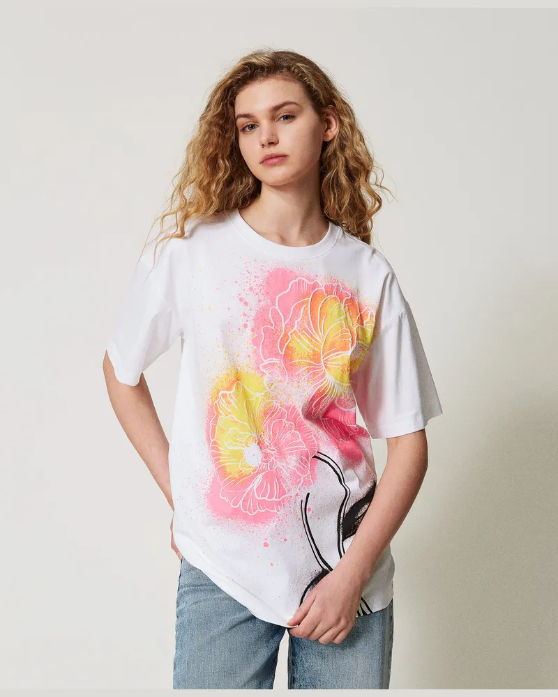 Actitude by Twinset T-Shirts - MYFO T-Shirt im Oversize-Fit, Papers / Flower-Print, Baumwolle, Größe: XXS 