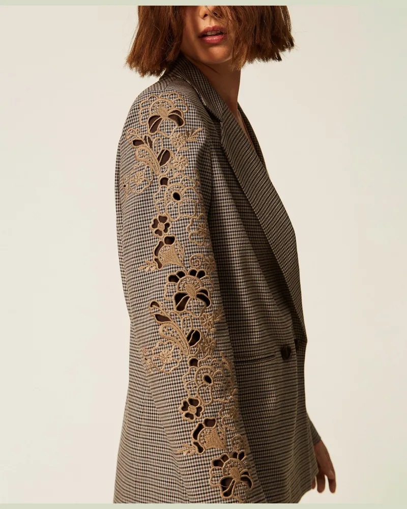 Twin-Set Blazer mit Hahnentrittmuster und Stickdetail, Damen, Hahnentrittmuster "Oak"-Beige / Darkness Brown Hahnentrittmuster