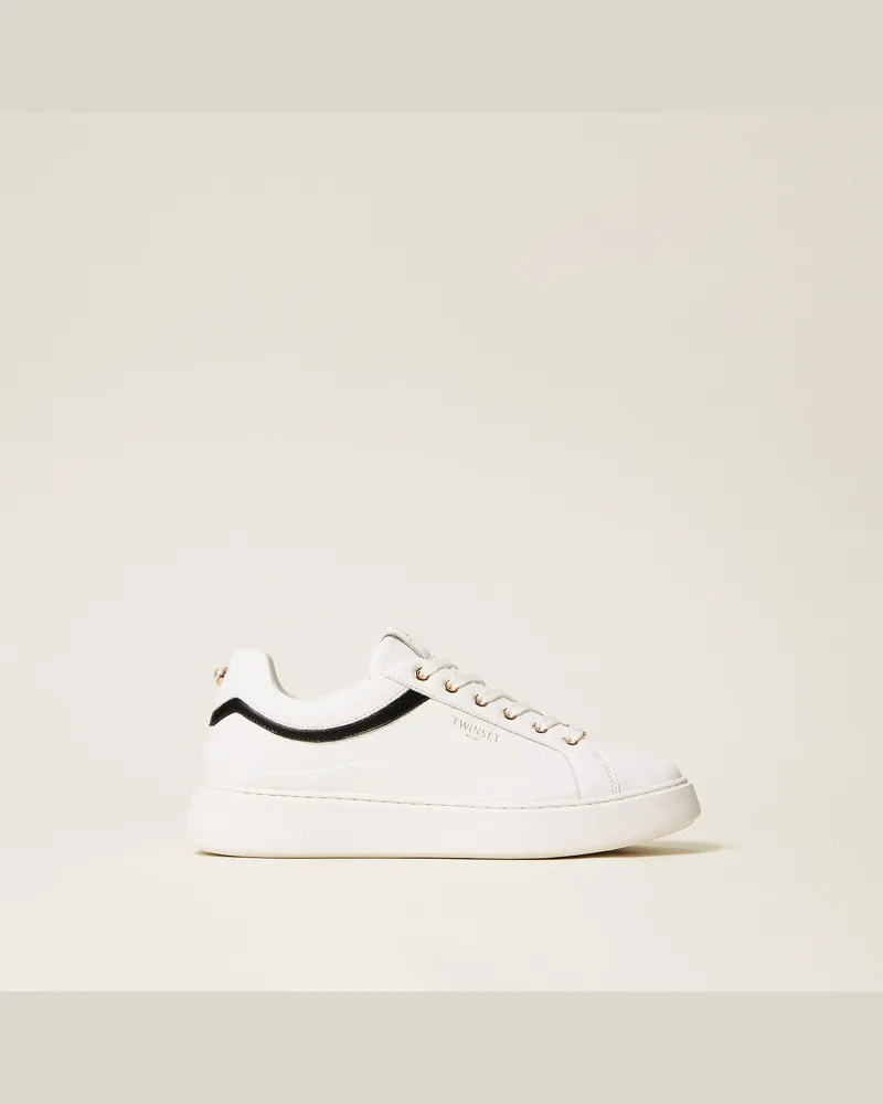 Twin-Set Schuhe - Sneaker aus Leder mit Logo, Zweifarbig Optisches Weiß / Schwarz, Größe Zweifarbig