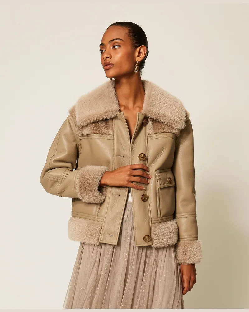 Twin-Set Jacke in Lederoptik mit Kunstpelz Kitt