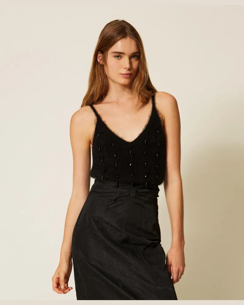 Twin-Set Top aus gebürsteter Wollmischung mit Stickerei 