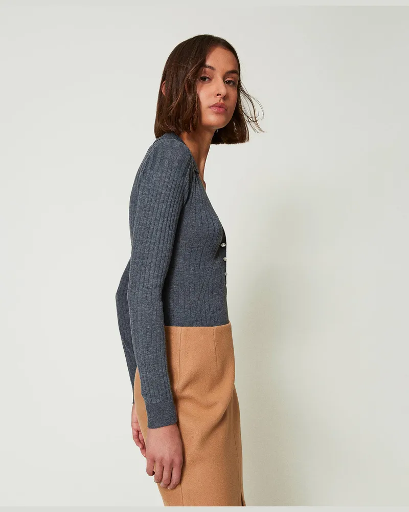 Actitude by Twinset Gerippter Pullover mit Stickerei, Mittelgrau-Melange, Größe: XL 