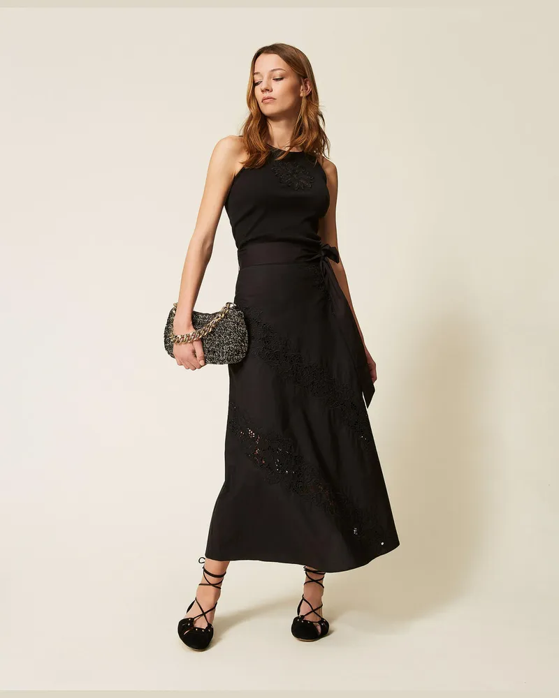 Twin-Set Röcke - Langer Rock aus Popeline mit Lochstickereien, Schwarz, Baumwolle, Größe Schwarz