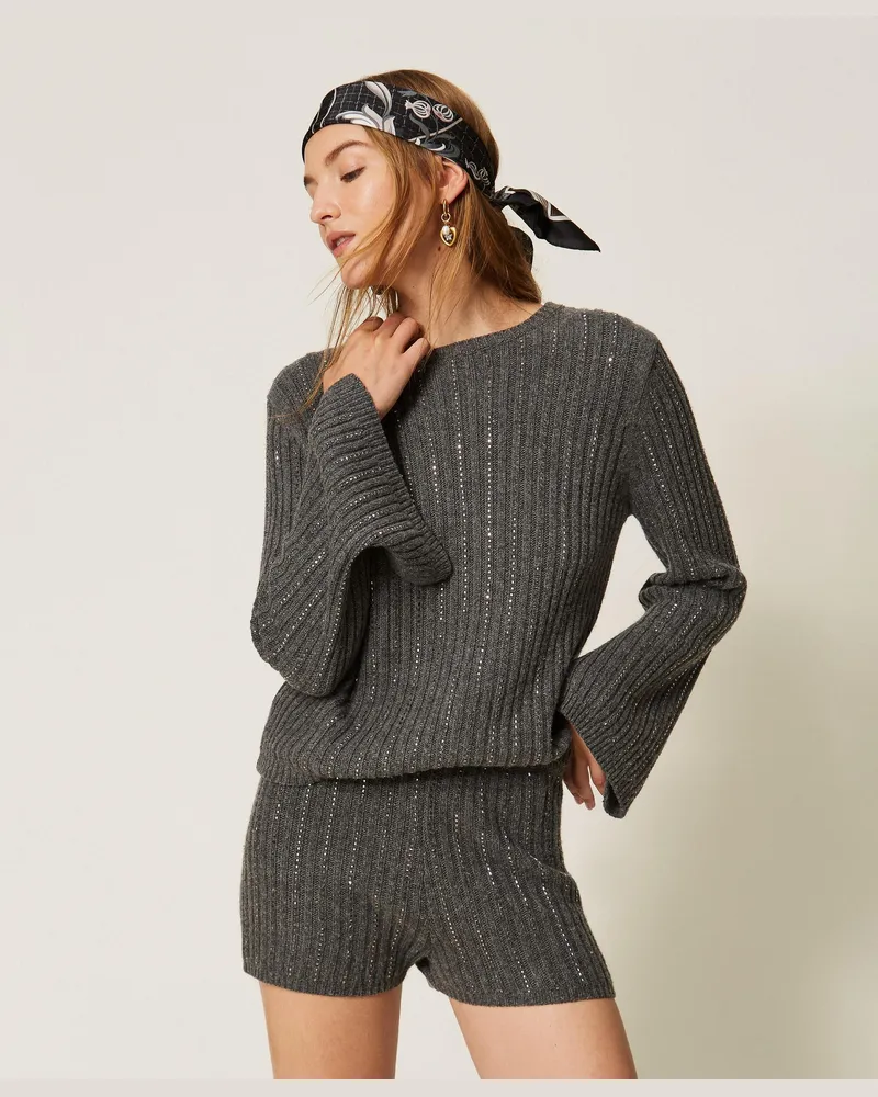 Twin-Set Pullover aus Wollmischung mit Strass, Damen, Mittelgrau-Melange Mittelgrau-melange