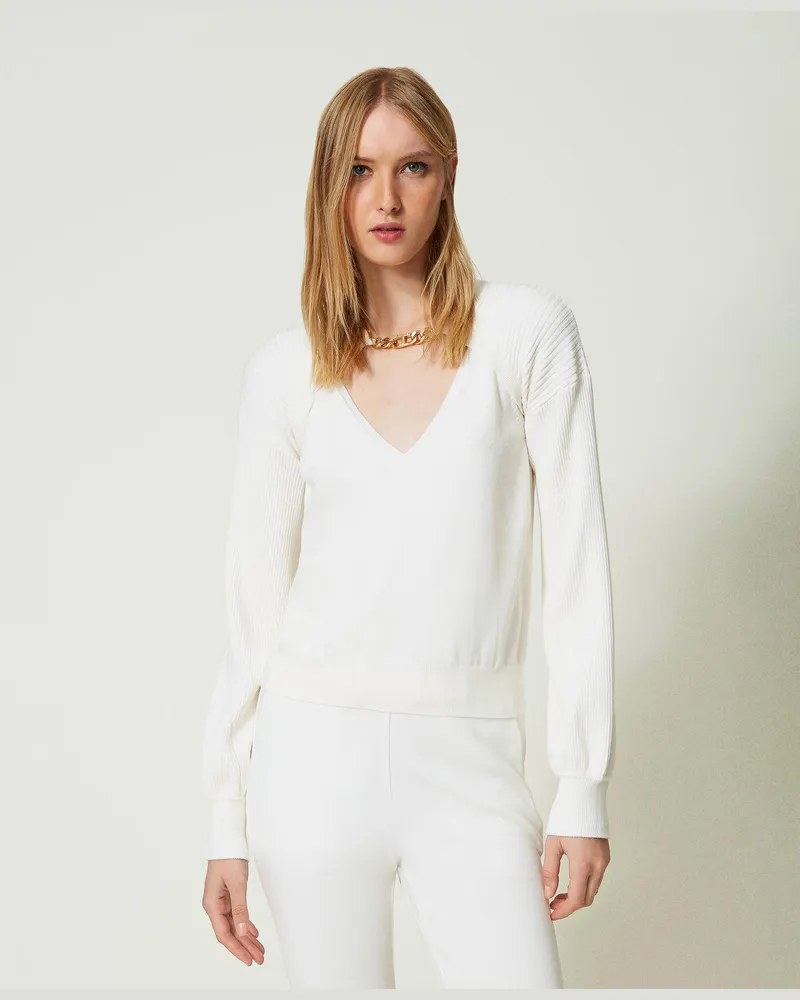 Twin-Set Tops - Top und Schulterwärmer mit „Oval T"-Kette, Weiß Schnee, Größe: XXL 