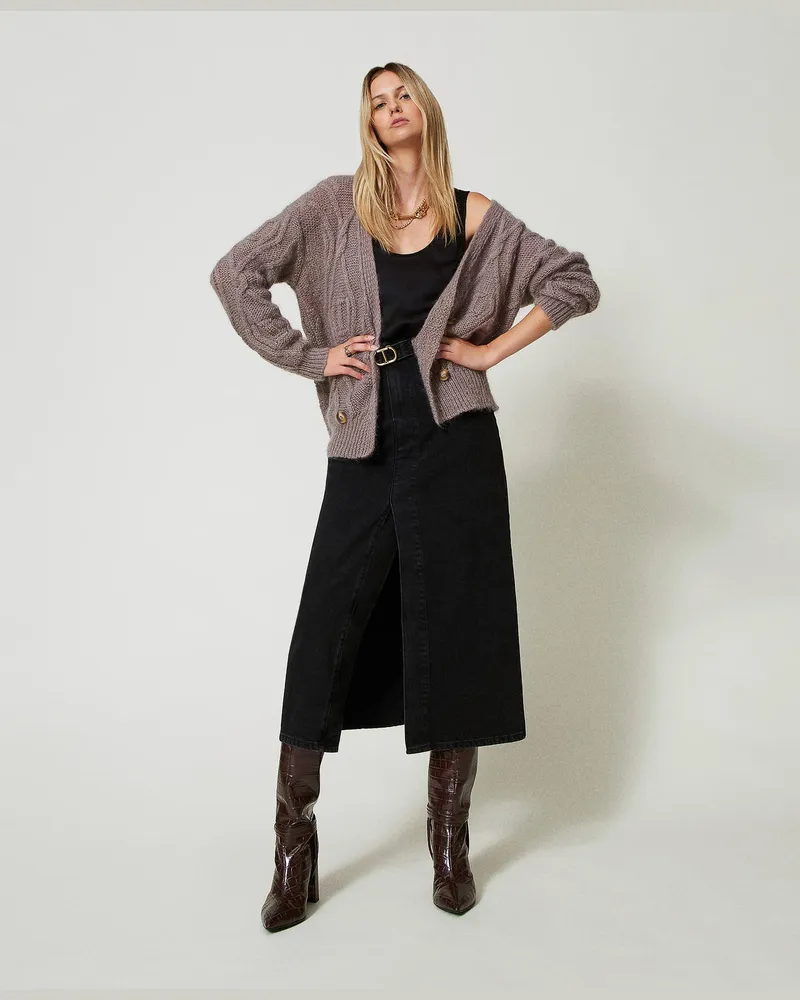 Twin-Set Cardigans - Zweireihige Cardigan aus Mohairmischung, Dunkles Taupe, Größe: X/2XL 