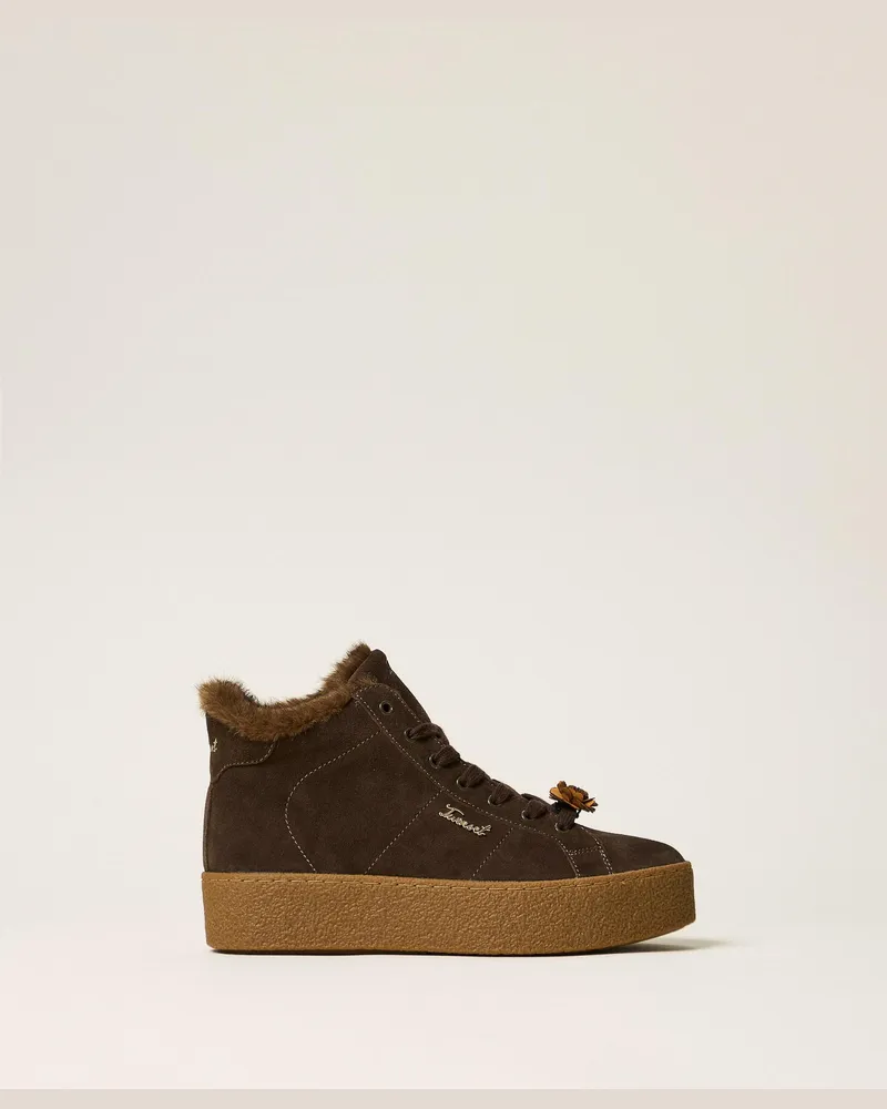 Twin-Set Hoher Sneaker aus Leder, Damen, Kaffee Kaffee