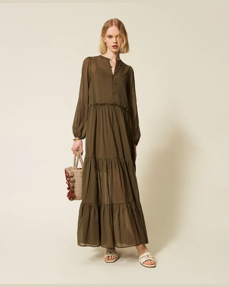 Twin-Set Kleider - Langes Kleid aus Musselin mit Rüschen, Alpengrün, Baumwolle, Größe Alpengrün