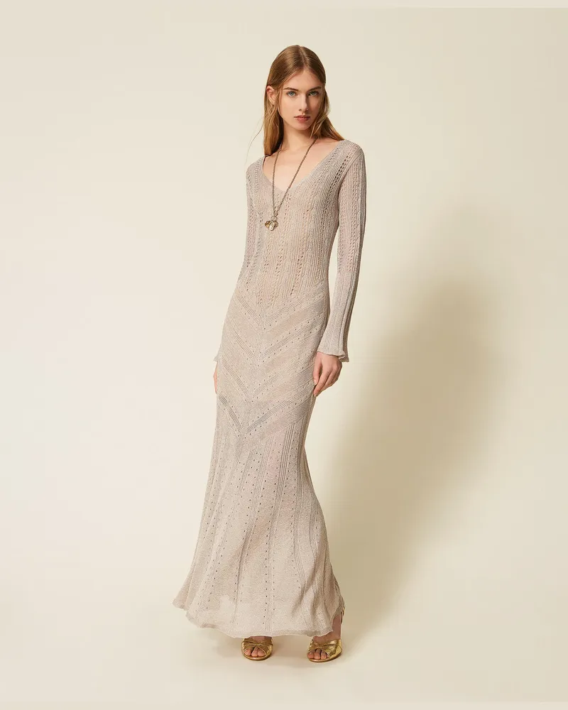 Twin-Set Kleider - Langes Strickkleid mit Lurex, Sand Lurex, Größe Sand