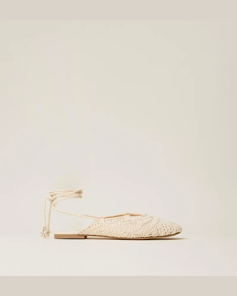 Twin-Set Schuhe - Ballerina-Pantolette im Häkeldessin, Weiß Vanille, Baumwolle, Größe Weiß