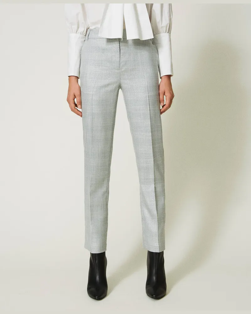 Actitude by Twinset Hosen - Zigarettenhose mit Prince-of-Wales-Muster, Silver Shiny Prince-of-Wales, Kariert, Größe Silver