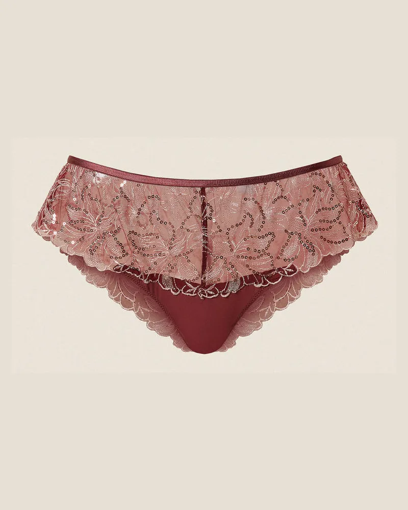 Twin-Set Unterwäsche und Nachtwäsche - Brazilian-Slip mit floraler Stickerei, Zweifarbig Spitze Red Wine / Pink Dust, Paillettes, Größe Zweifarbig