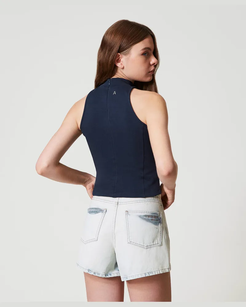 Actitude by Twinset Tops - Ärmelloses Top mit Stehkragen, Deep Blue, Baumwolle, Größe Deep