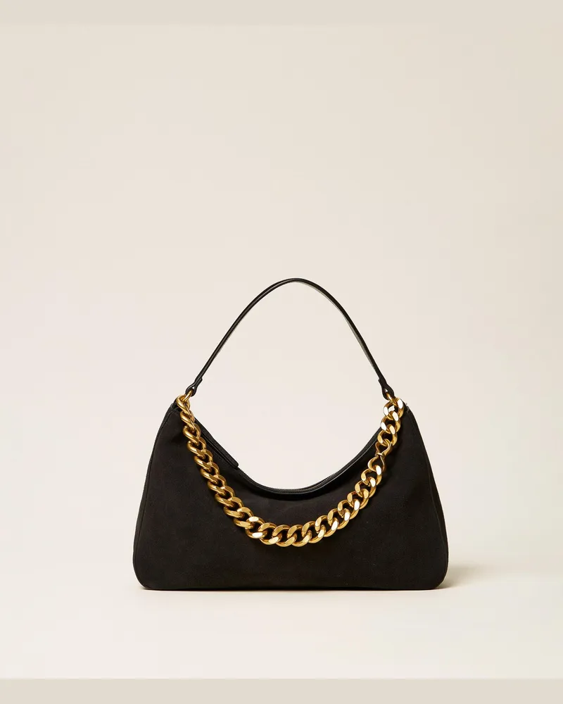 Twin-Set Mittelgroße Tasche Liliane aus Veloursleder, Damen, Schwarz Schwarz