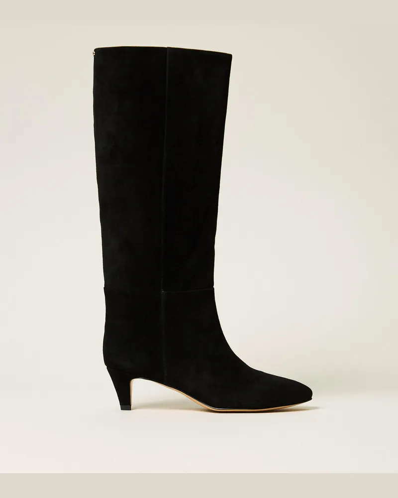 Twin-Set Hoher Stiefel aus Veloursleder Schwarz