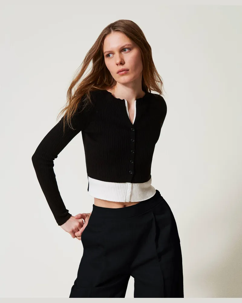 Twin-Set Cardigans - Figurbetonter Trompe-l'Œil-Cardigan, Zweifarbig Schwarz / Schneeweiß, Baumwolle, Größe Zweifarbig